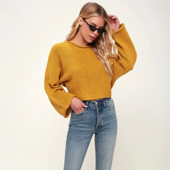 Jack by BB Dakota Talk Mustard Yellow Cropped Knit Sweater, Small - Picture 1 of 10